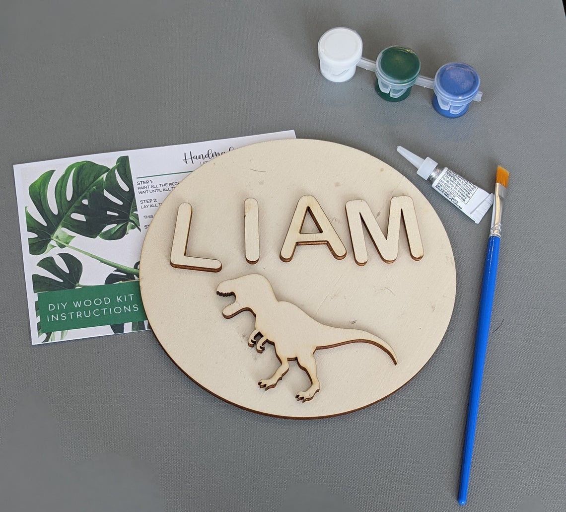 Dinosaur Name Sign, DIY Paint Kit, Round Door Hanger