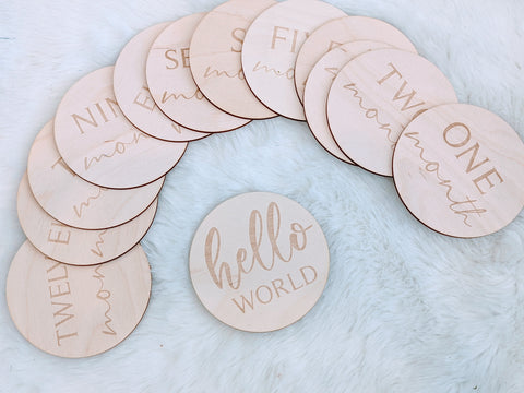 Milestone Engraved Wooden Cards, 1 - 12 Months Tags + Hello World Tags